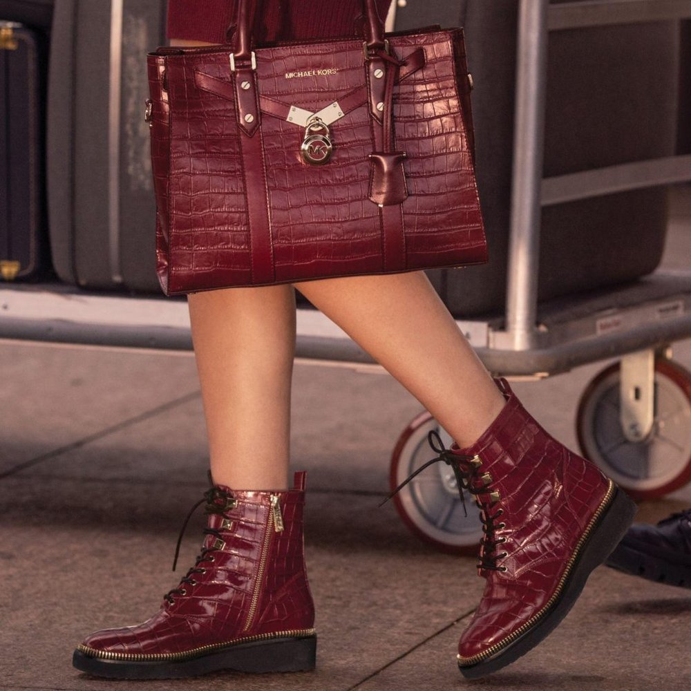 Michael Khors Crocodile Embossed Leather Combat Boot Dark Berry 7.5